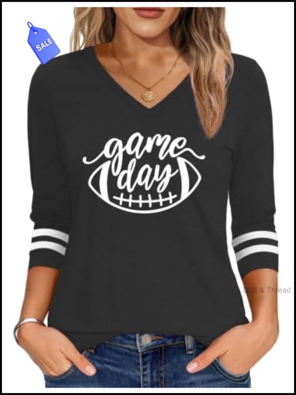 Women's Game Day Graphic T-Shirt 3/4 Sleeve V-Neck Football Tee